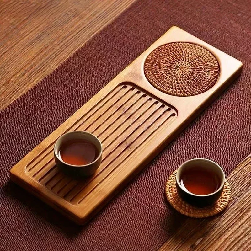 Dry Brew Bamboo Tea Tray with Rattan Mat Rectangle Portable Tea Serving Plate Household & Hotel Tea Accessory for Kung Fu