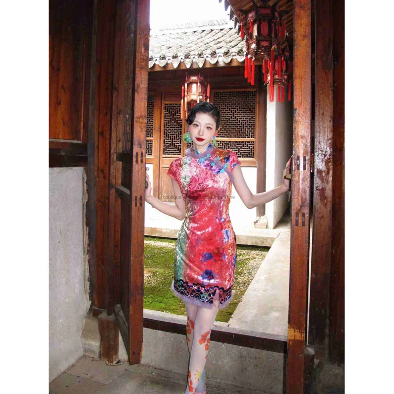 

Halloween Cosplay Printed Velvet Modified New Chinese Style Waist-Cinching Short Qipao Dress Women Dress