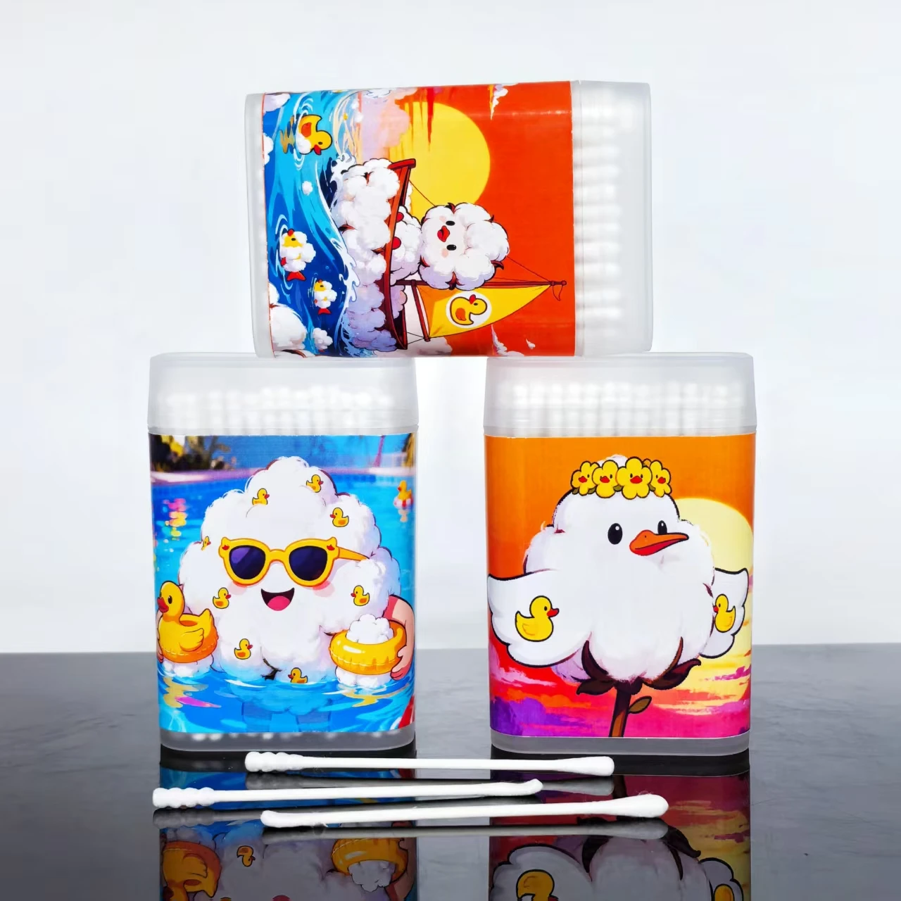 300 hisopos de algodón en forma de pato amarillo pequeño, bastoncillos de algodón de papel fino, hisopos de algodón de doble cabeza en forma de pato