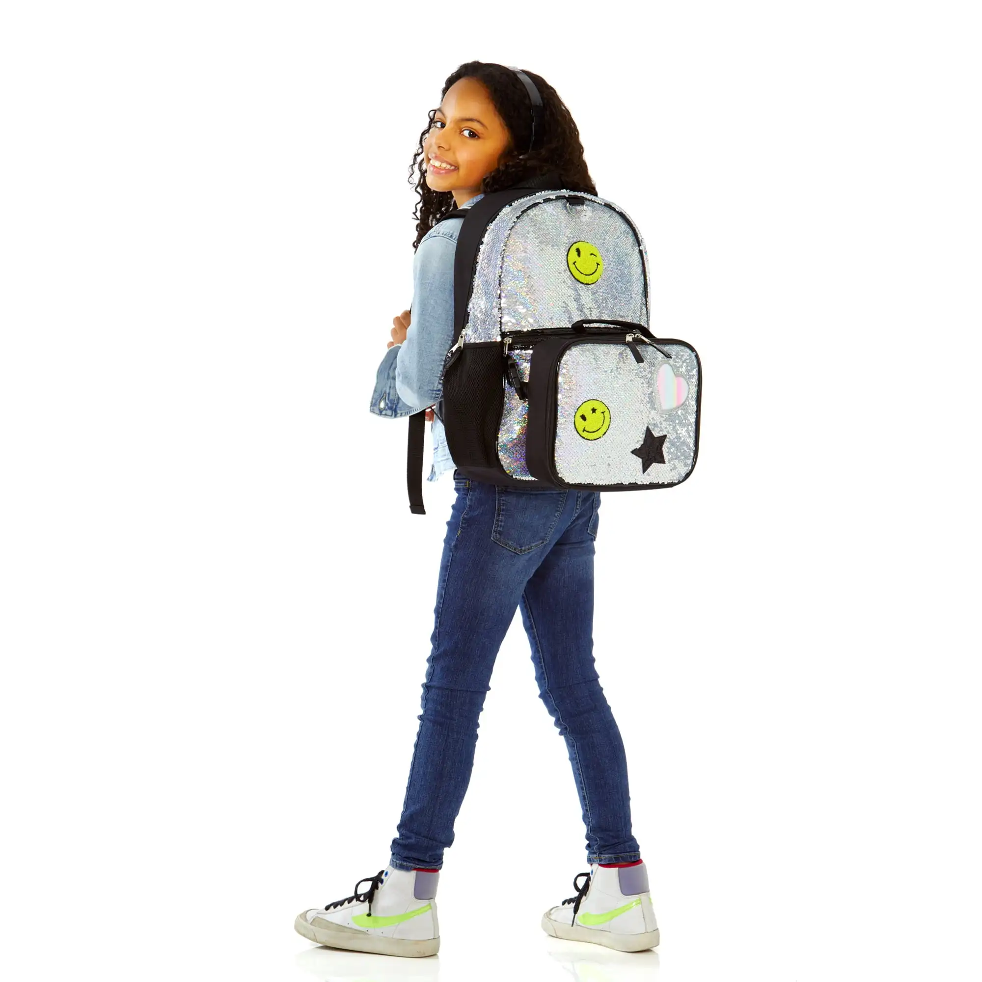 

Schoolyard Vibes Sequin Patch Girls 16" 3 Piece Headphone with Lunch Kids Backpack Set, Silver