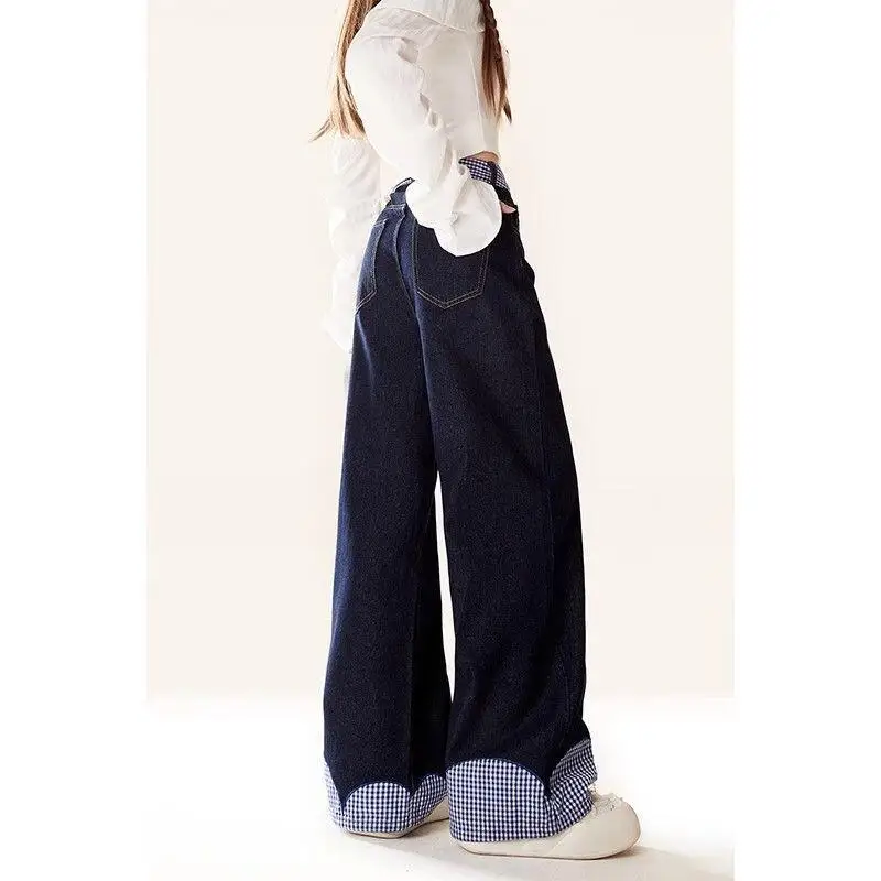 2025 Jeans da donna autunno inverno Design con fiocco Pantaloni da pavimento a griglia con giunture Pantaloni larghi casual in tinta unita
