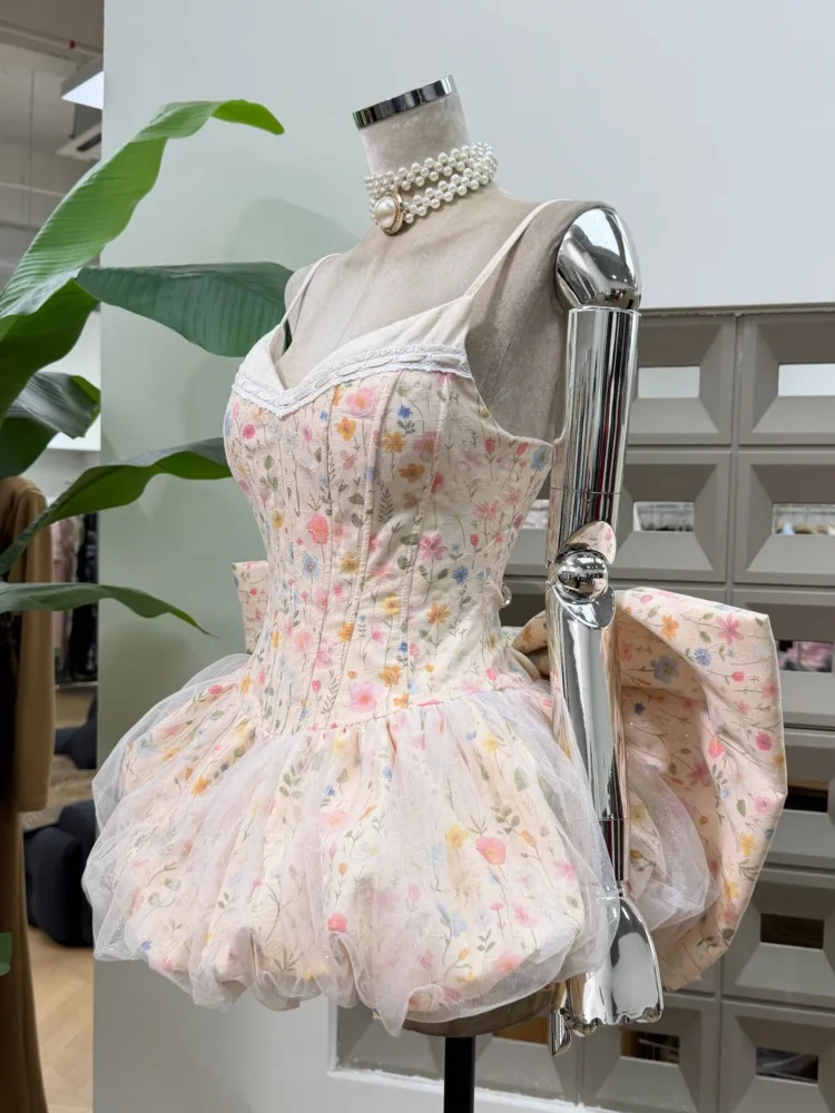 여성용 봄 여름 플로럴 프린트 캐미 드레스 튤 스커트 스윗 캐주얼 파티웨어 2025 트렌디 여성 패션 의상 드레스