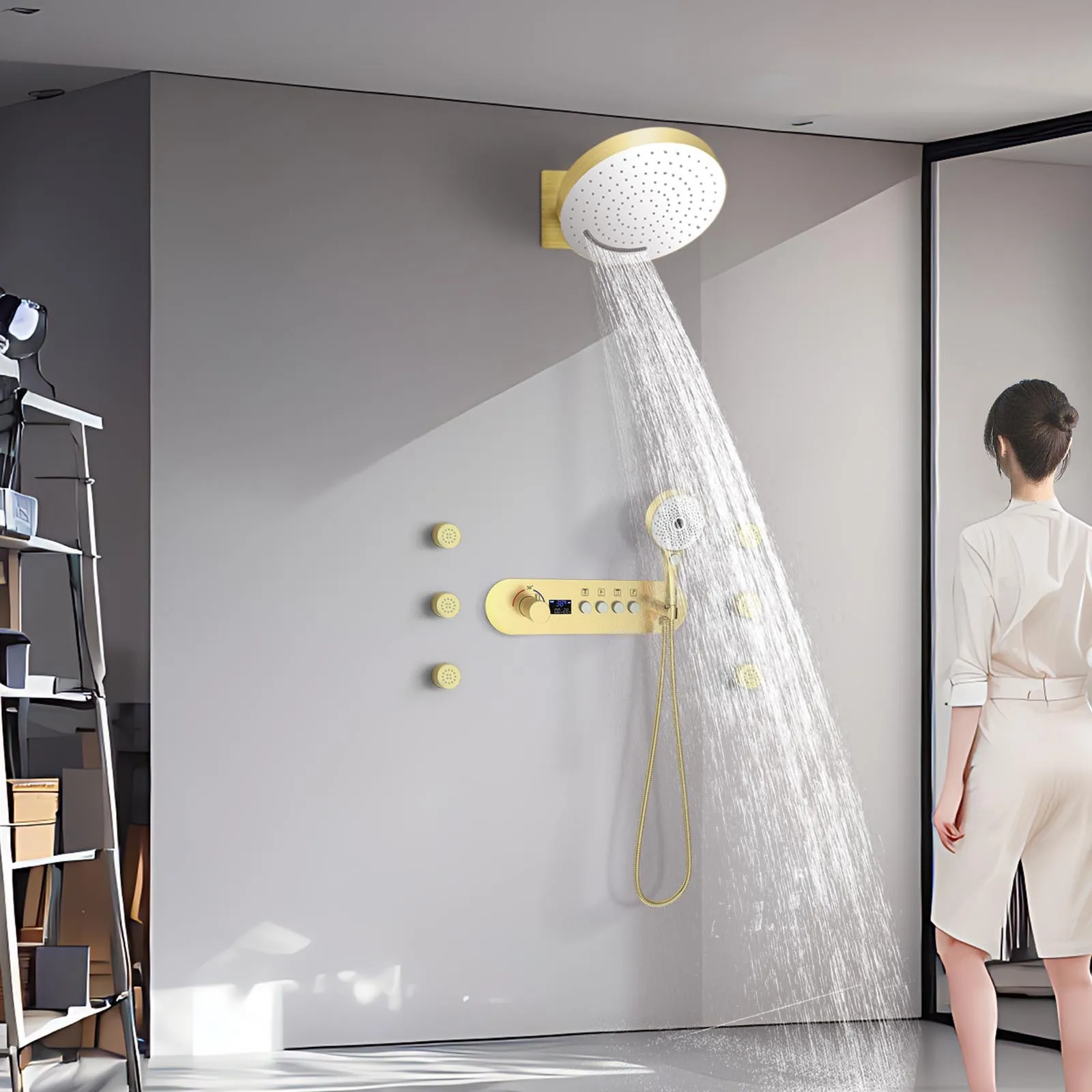 Copper concealed shower head, constant temperature digital display shower head system, pressurized shower head set