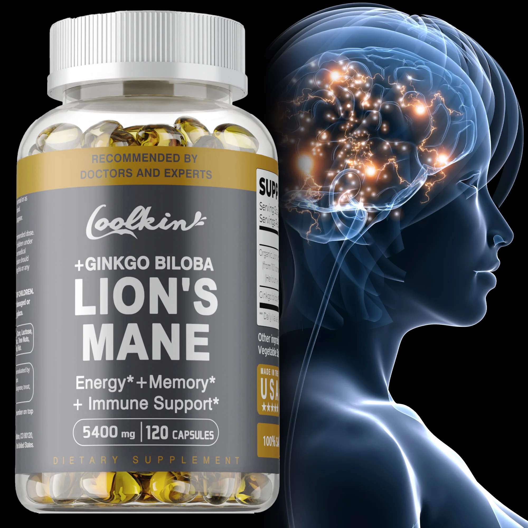 

Lion's Mane Mushroom Capsules - Supports Brain Health, Improves Mental Clarity, Boosts Energy, Enhances Memory and Concentration