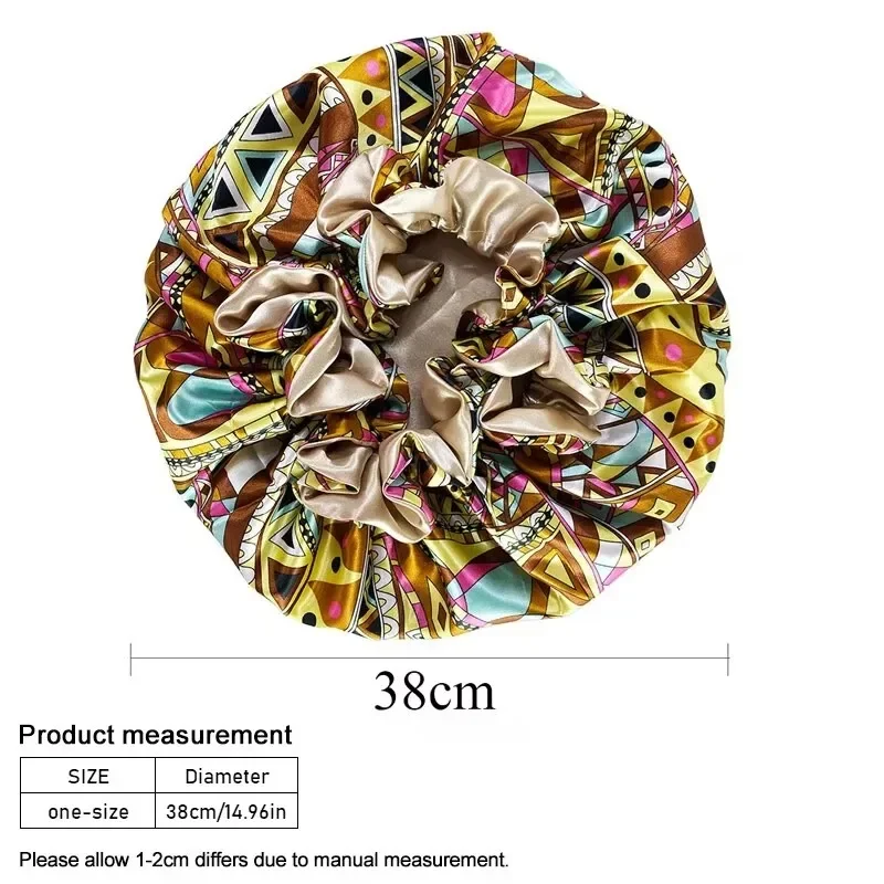2Pcs Set Women Satin Bonnet Cap Double Layer Silky Big Bonnet For Lady Printing Sleep Cap Head Wrap Printing Bath Cap