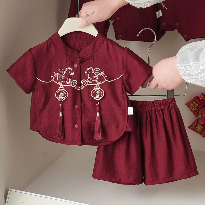 

Summer Newborn Boy Clothes Fashion Embroidery Chinese Style New Year Short Sleeve Baby Tops And Bottoms Toddler Boy Outfits B329