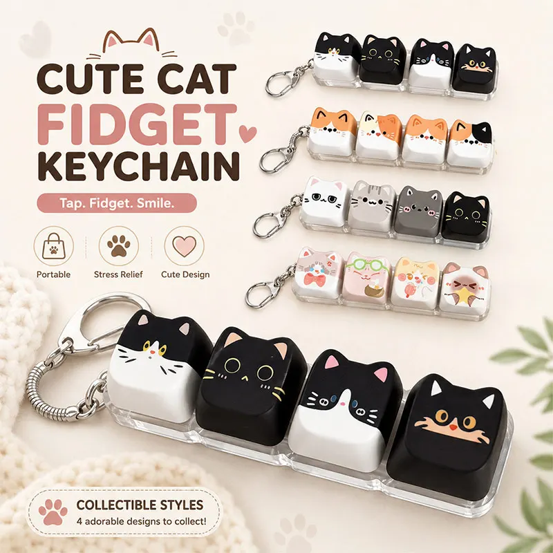 Cute Cat Keyboard Cap Keychain Pendant Kawaii Cat 4-key Keyboard Fidget Decompression Clicker Key Keyboard Bag Pendant Gift