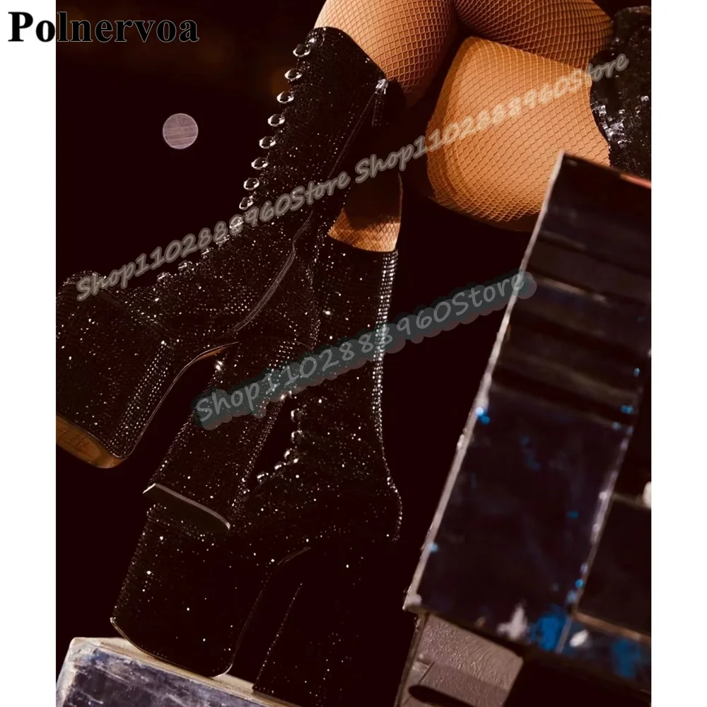 Bling Mid Calf Black Full Crystals Platform Boots Thick Heel Shoes For Women Side Zipper Round Toe Sparkling Luxury Party Boots