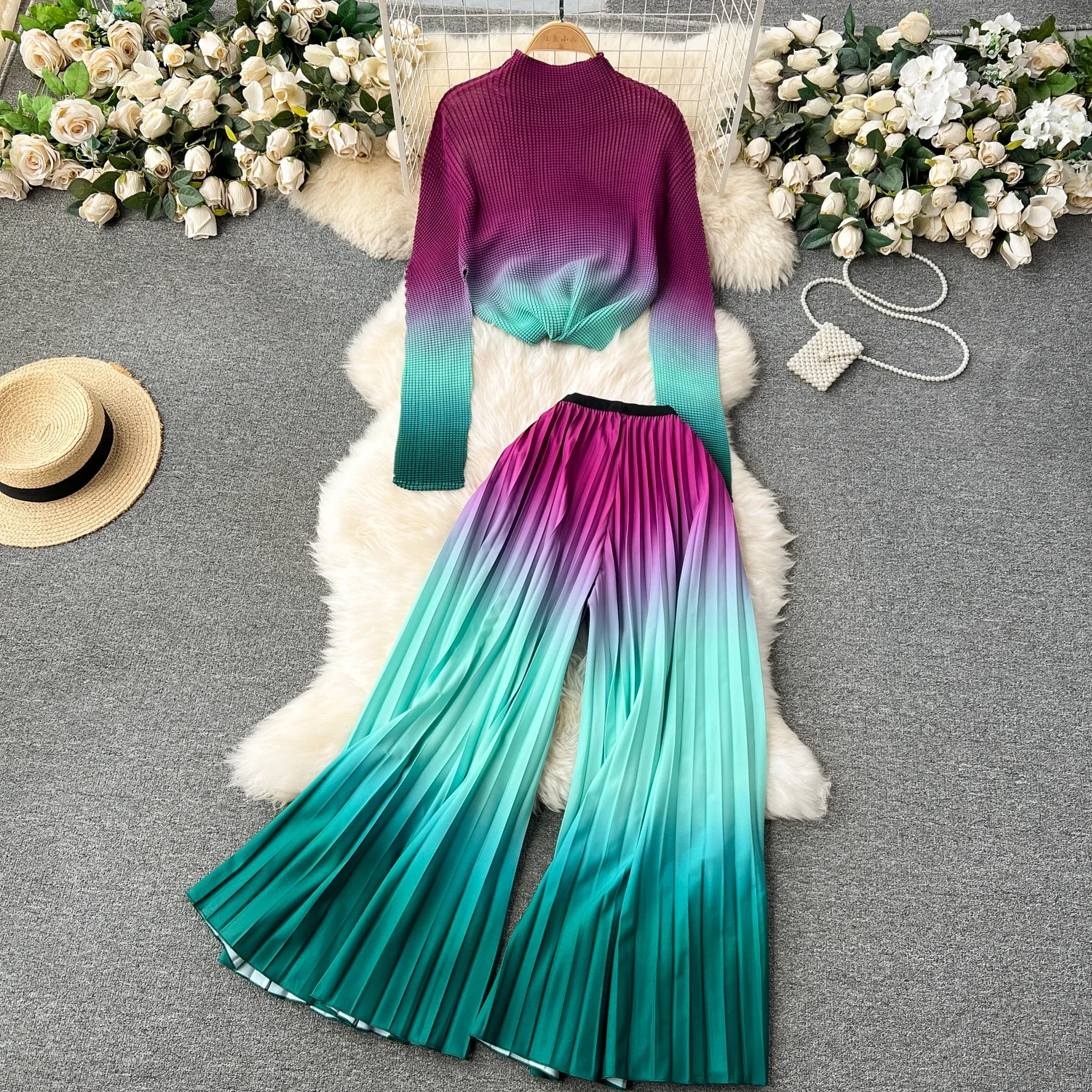 Elegant Long Sleeves Vintage Half High Collar Print Top Loose High Waist Pleated Wide Leg Pants High Street Autumn Winter Sets