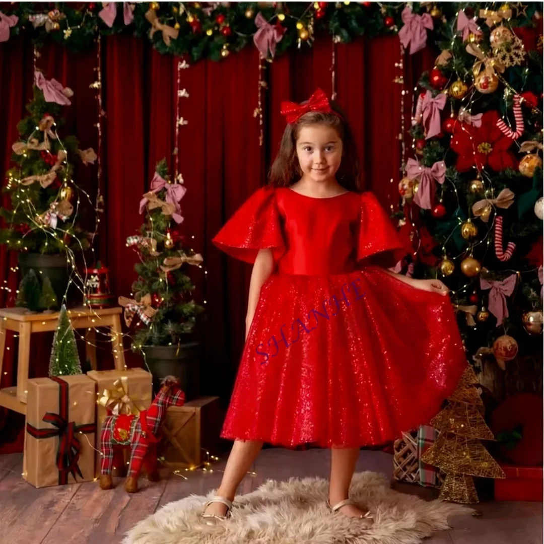Simpatico abito da ragazza rosso natalizio con soffice gonna in tulle con paillettes Abito da sera per festa di compleanno per bambini personalizzabile personalizzato