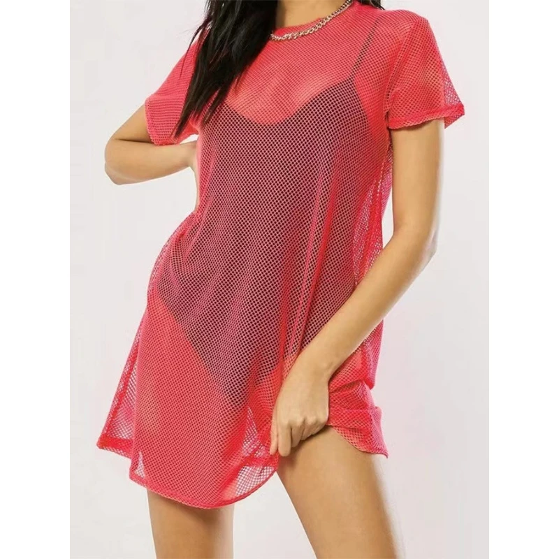 女性水着カバーアップビーチドレスセクシーなメッシュスモックホットガールズ Tシャツ蛍光スカートファッション Y2k 夏の婦人服