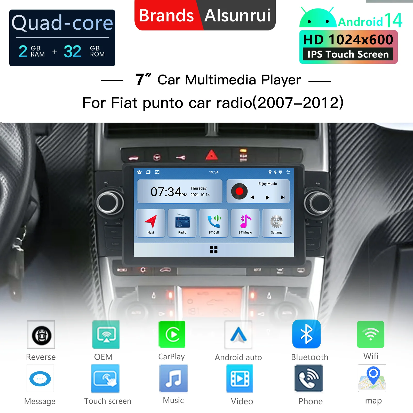2 din Android 14 4G Carplay Autoradio Autoradio Per Fiat Grande Punto Linea Multimedia Video Audio GPS Unità di Testa di Navigazione WIFI