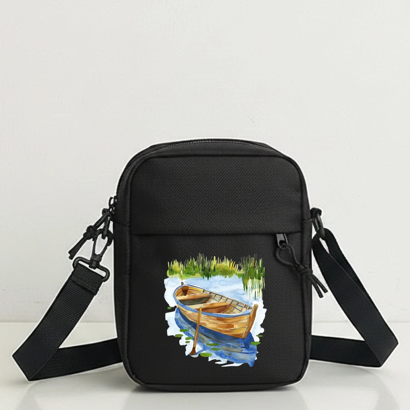 Stylish Watercolor Boat Design Oxford Shoulder Bag for Men, Versatile Crossbody, Adjustable Strap, Zipper Closure, Travel, Work,