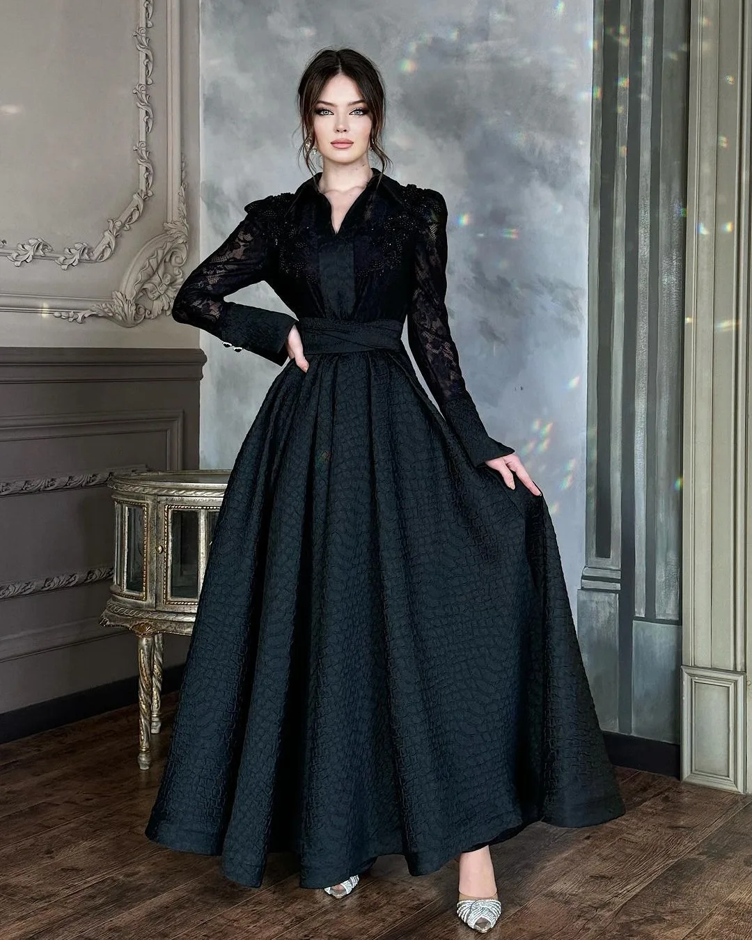 GOHYPDUG Elegant Wedding Evening Night Dress Muslim Long Sleeves A-line Black Prom Party Gown