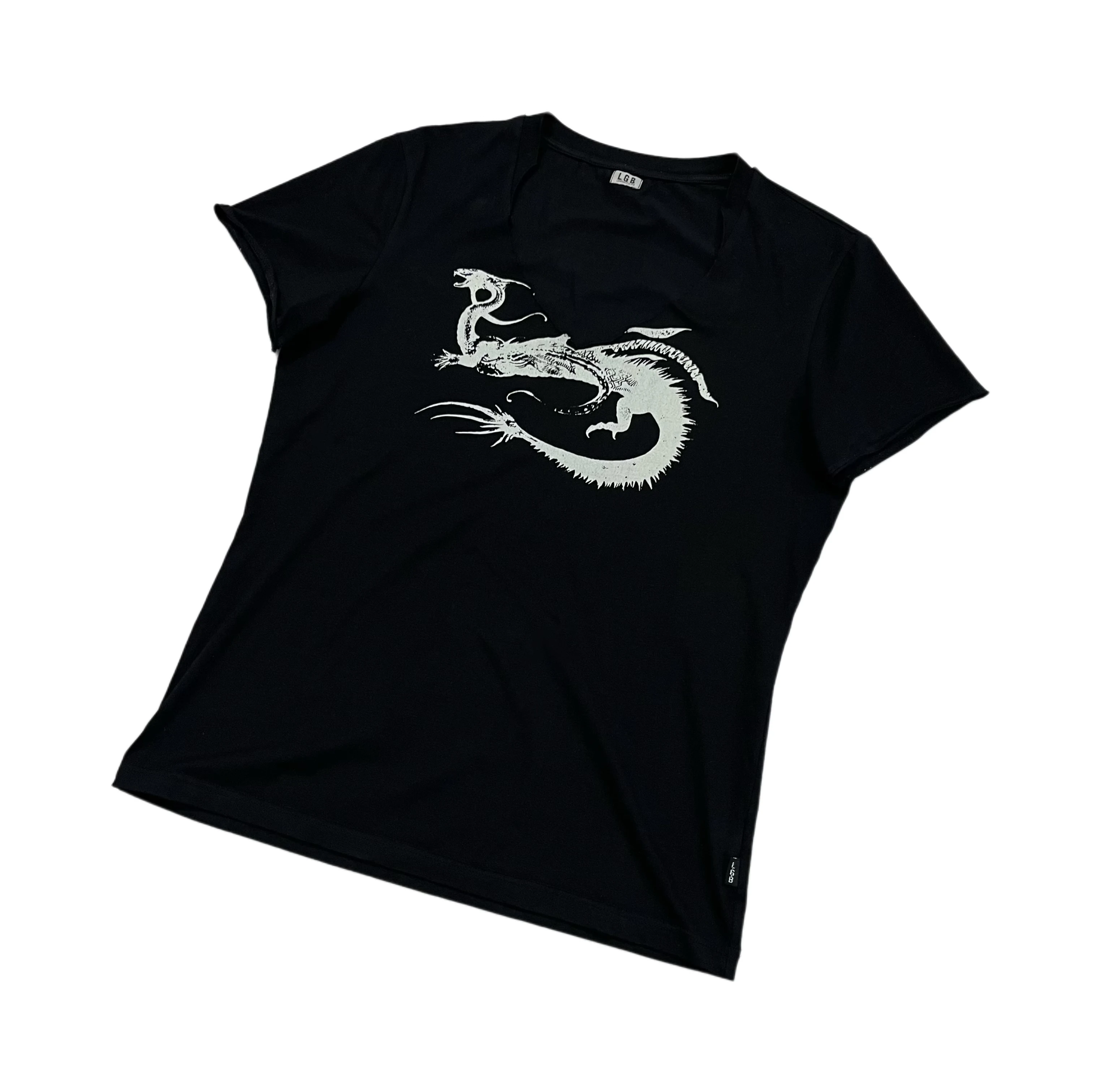 Waist Slim Fit Dragon Pattern Crew Neck Short Sleeve T-Shirt
