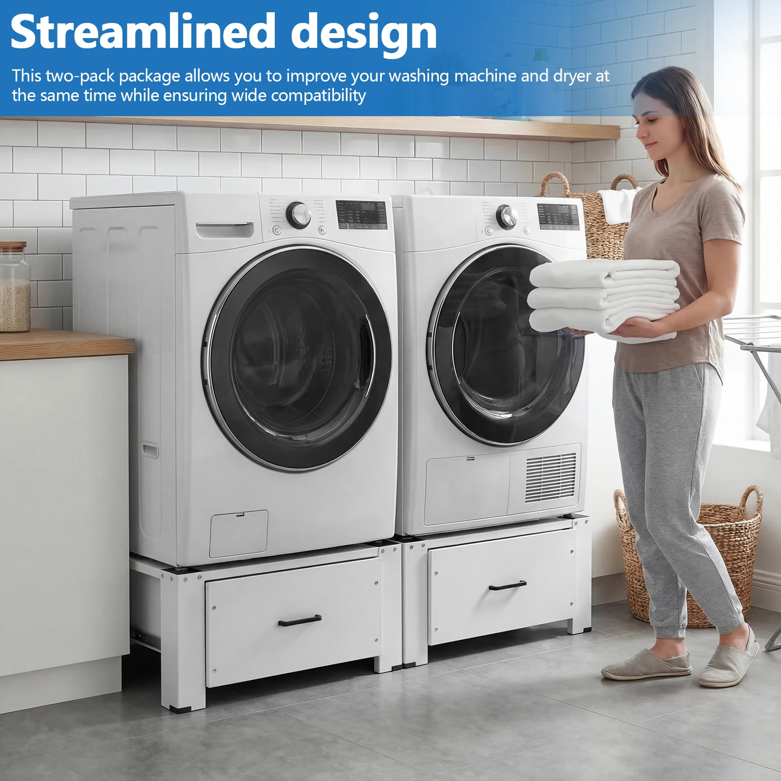 Lot de 2 unités superposées lave-linge et sèche-linge avec tiroir, support lave-linge et sèche-linge de 29 pouces, hauteur de 14,3 pouces, capacité de 700 lb pour machine à laver