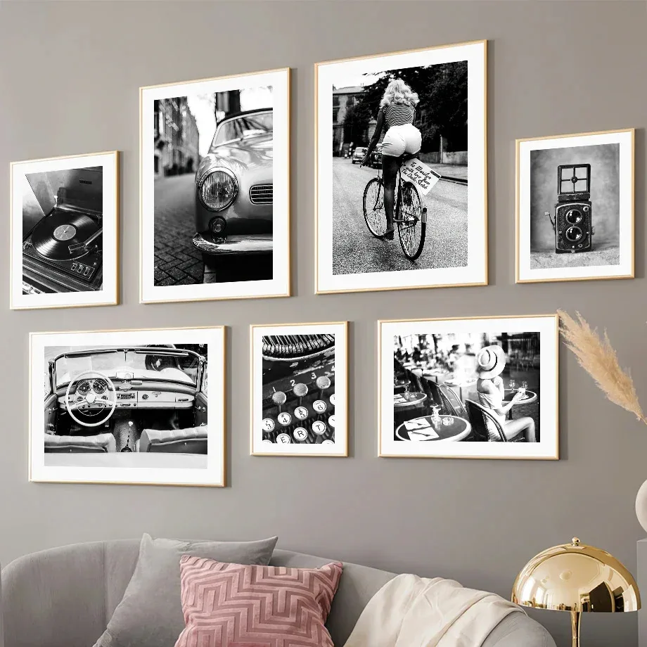 Vintage Camera Phonograph Train Champagne Nordic Posters Prints Canvas Painting Black White Wall Art Pictures Bar Room Decor