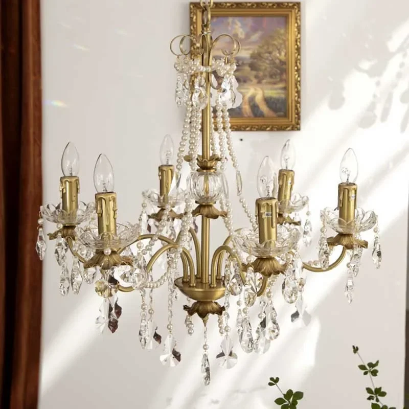 

American copper pearl candle chandelier French villa living room dining room horizontal crystal chandelier