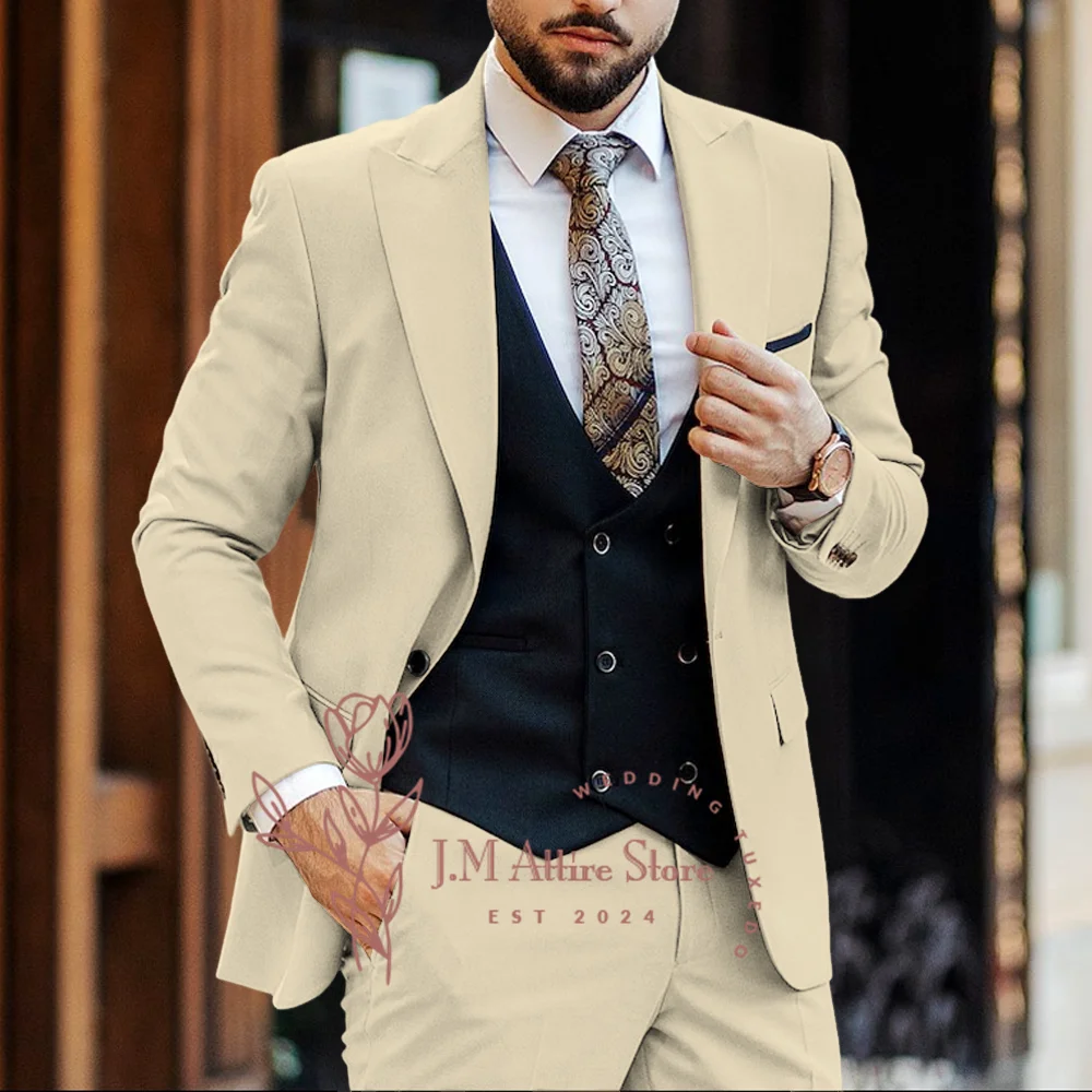 

Formal men's 3-piece suit khaki jacket pants black vest slim fit set for wedding groom Easter Xmas birthday party custom tuxedo