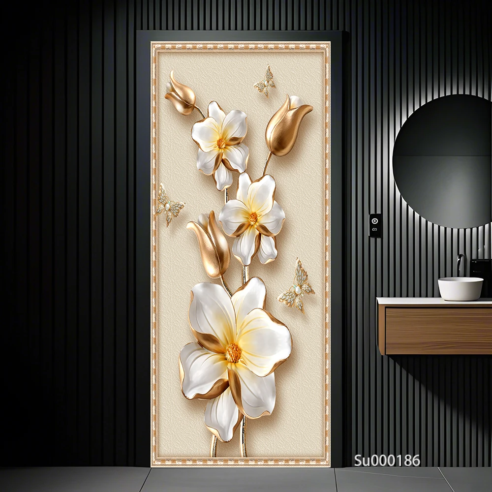 Oriental 3D Relief Lotus Door Mural Self Adhesive PVC Door Sticker Floral Gold Fish Butterfly Home Entrance Decor Wallpaper view 5