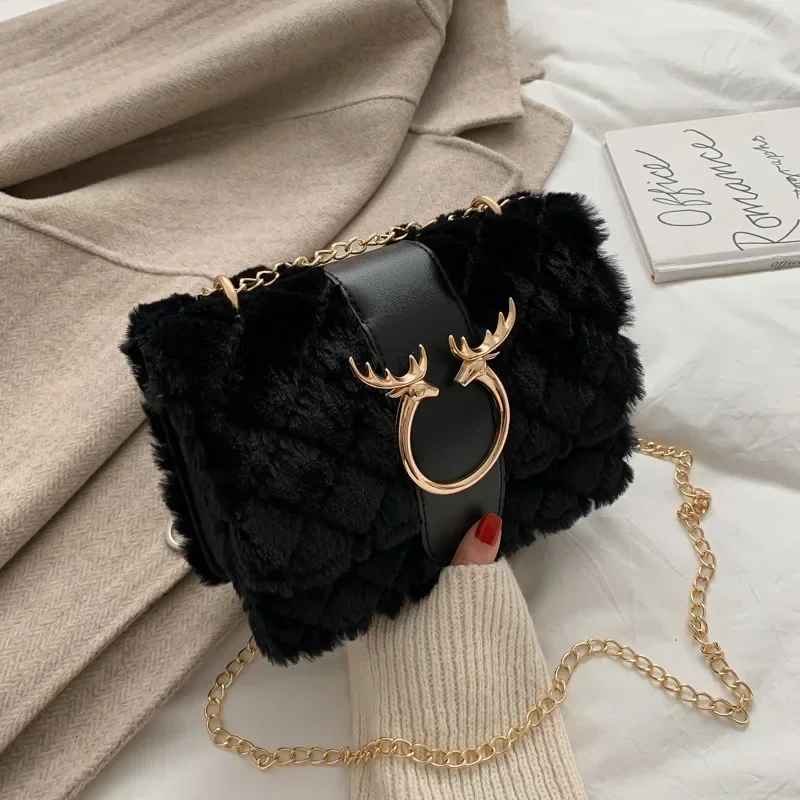 Winter Soft Fur Designer for Women Handbag Deer Lock Chain Plush Shoulder Messenger Crossbody Bags Luxury Female Bolsa Feminina