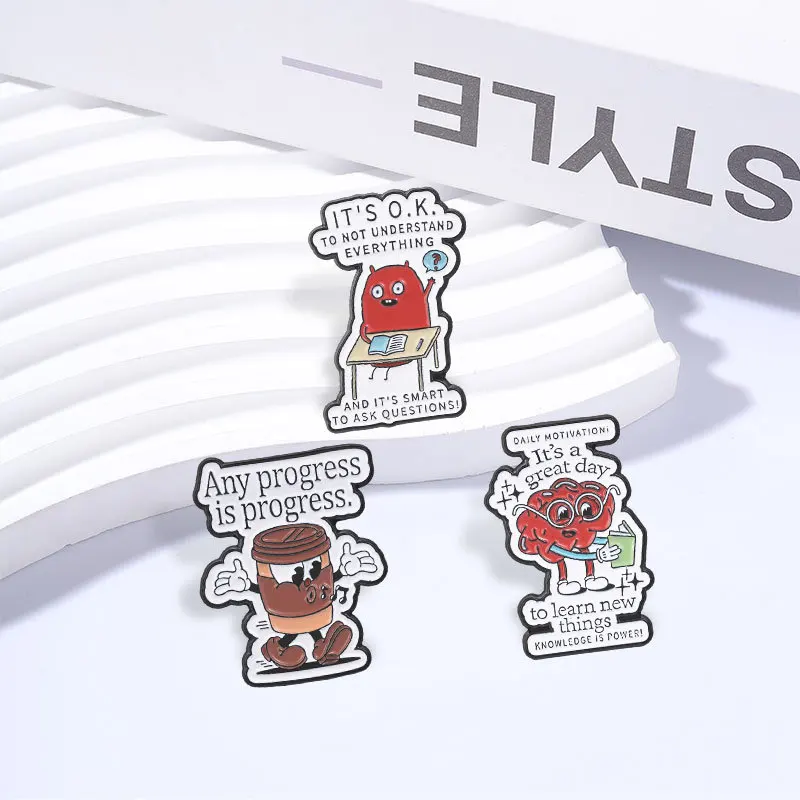 Inspirational Healing Cartoon Anthropomorphic Metal Brooch Study Slogan Lapel Pin Badge Backpack Coat Decor Accessory Gift
