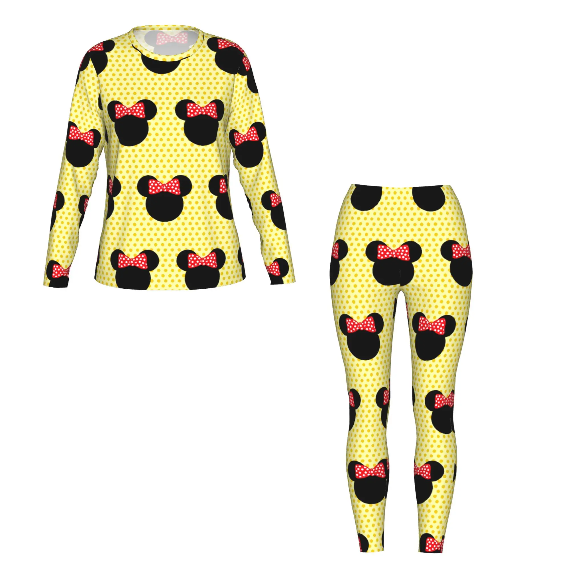 Минни с милым принтом, комплект из 2 предметов, женская футболка с длинными рукавами, леггинсы, подходящий для домашнего путешествия, фитнеса и т. д.