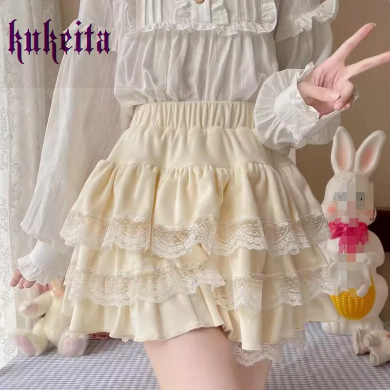 Kukeita Japanese Women Sweet Lace Lolita Skirts Y2k Harajuku Kawaii High Waist Multilayer Ruffles Mini Skirts Girls Shorts Skirt