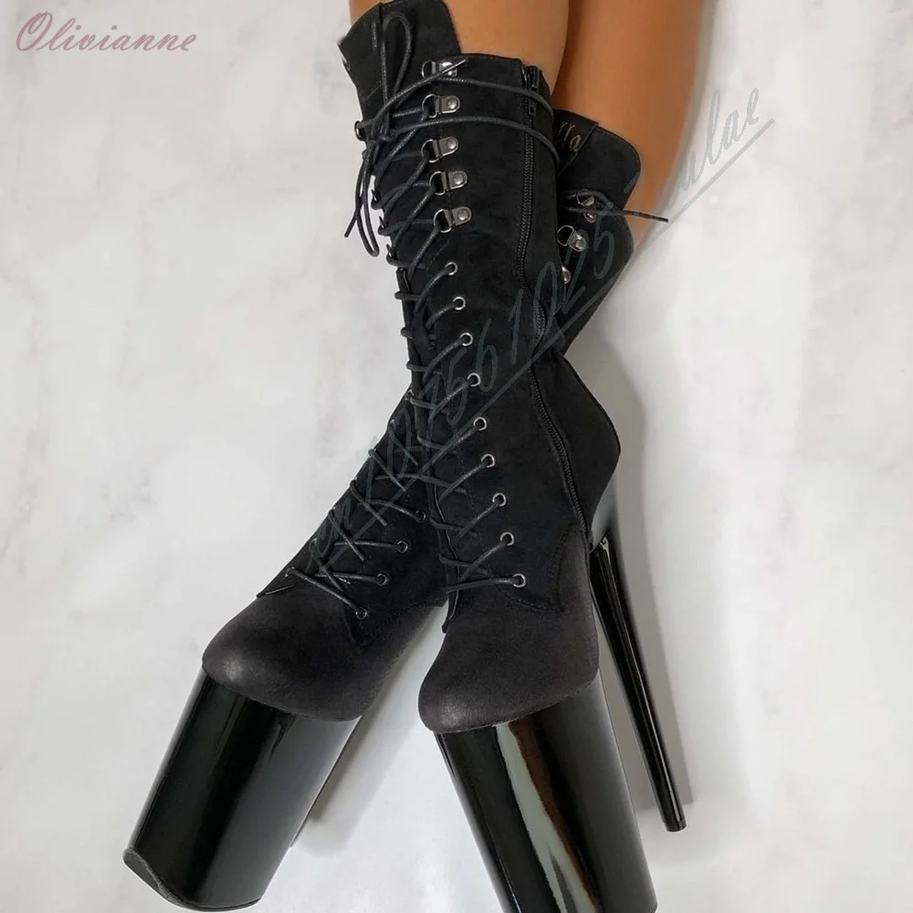 Black Cross Tied Platform Short Dance Boots 20CM Stiletto High Heel Lady's Mid Calf Boots Fashion Sexy Shoes for Women Mujere