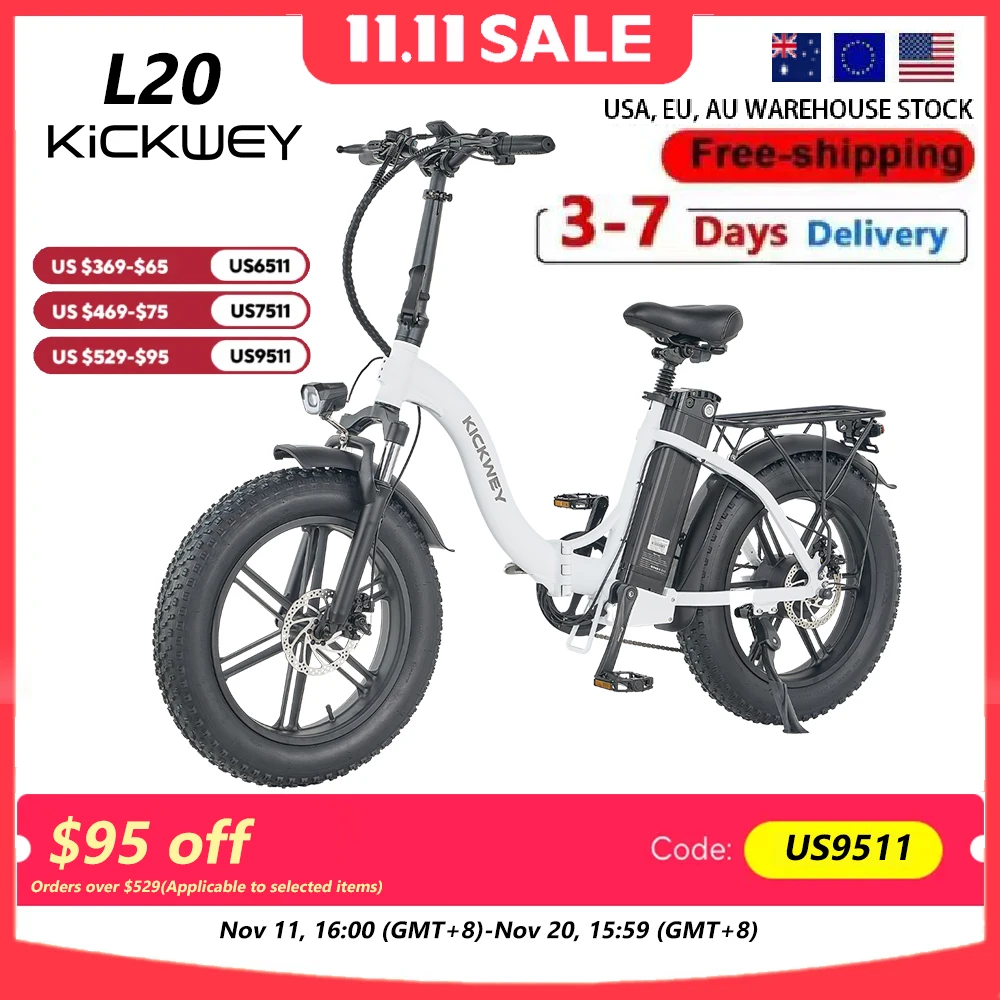 

Kickwey L20 Складной электрический велосипед 1000 Вт 48 В 20 Ач Съемный аккумулятор Электрические велосипеды для взрослых 20-дюймовый складной электронный велосипед с толстыми шинами