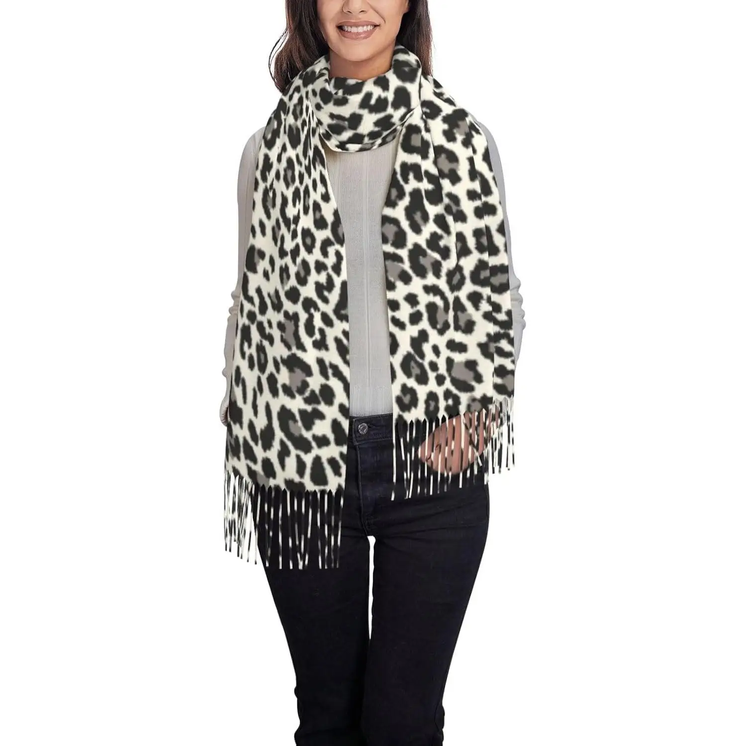 

Шарф с кисточками и леопардовым принтом, шаль, женский теплый мягкий подарок на осень-зиму сезона, зимний модный легкий шарф