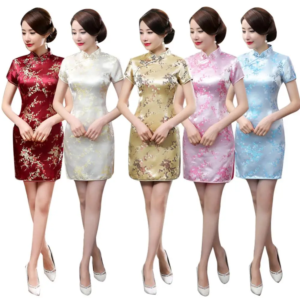 

Chinese Women Dresse Plum Blossom Bridesmaid Short Sleeve Split Cheongsams Sexy Mini Evening Dress Traditional Chinese Qipao