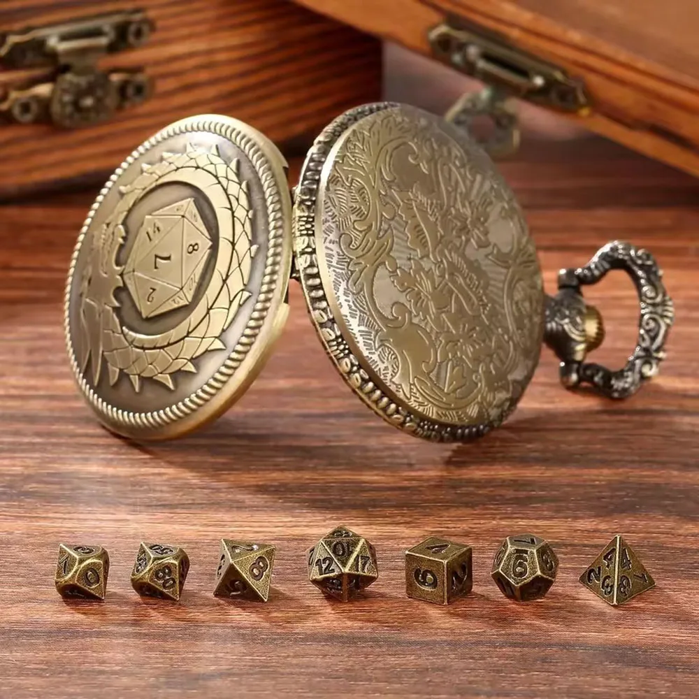 Retro Hammer Double Dragon DND Dice Jewelry Pocket Watch Case with 7pcs Metal Dice for Dungeons & Dragons RPG Dice Pendant