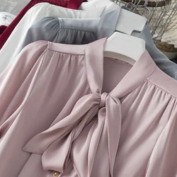 Spring Satin Bow Ribbon Blouses Women Stand Collar Single Breasted Loose Elegant Shirts Tops