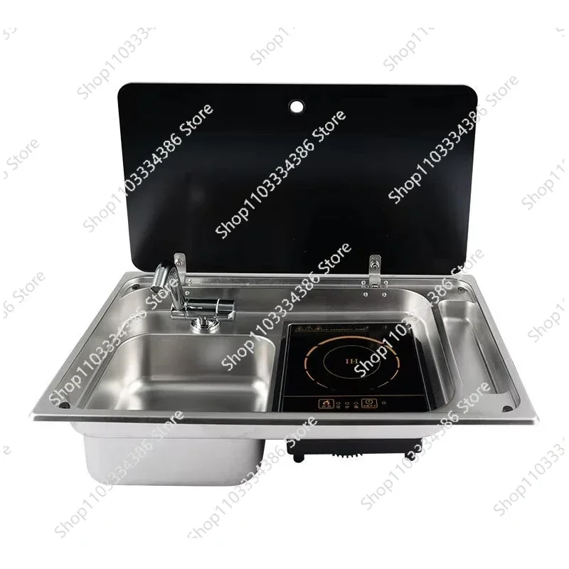 

Stainless Steel Stove Sink and Induction Cooker Combination Unit with Tempered Glass Lid for Caravan Motorhome Yacht