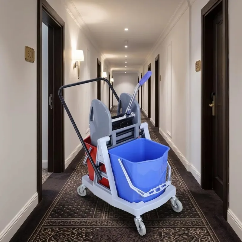 34L Double Bucket Cleaning Cart for Hotel Housekeeping Durable Plastic Mop Wringer Trolley with Reversible Handle