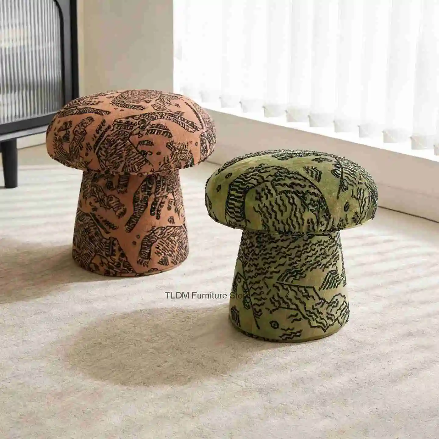 Round Cream Style Wrinkled Mushroom Dressing Stool, Light Luxury Soft Pack Chair, Bedroom, Living Room Sitting Stool
