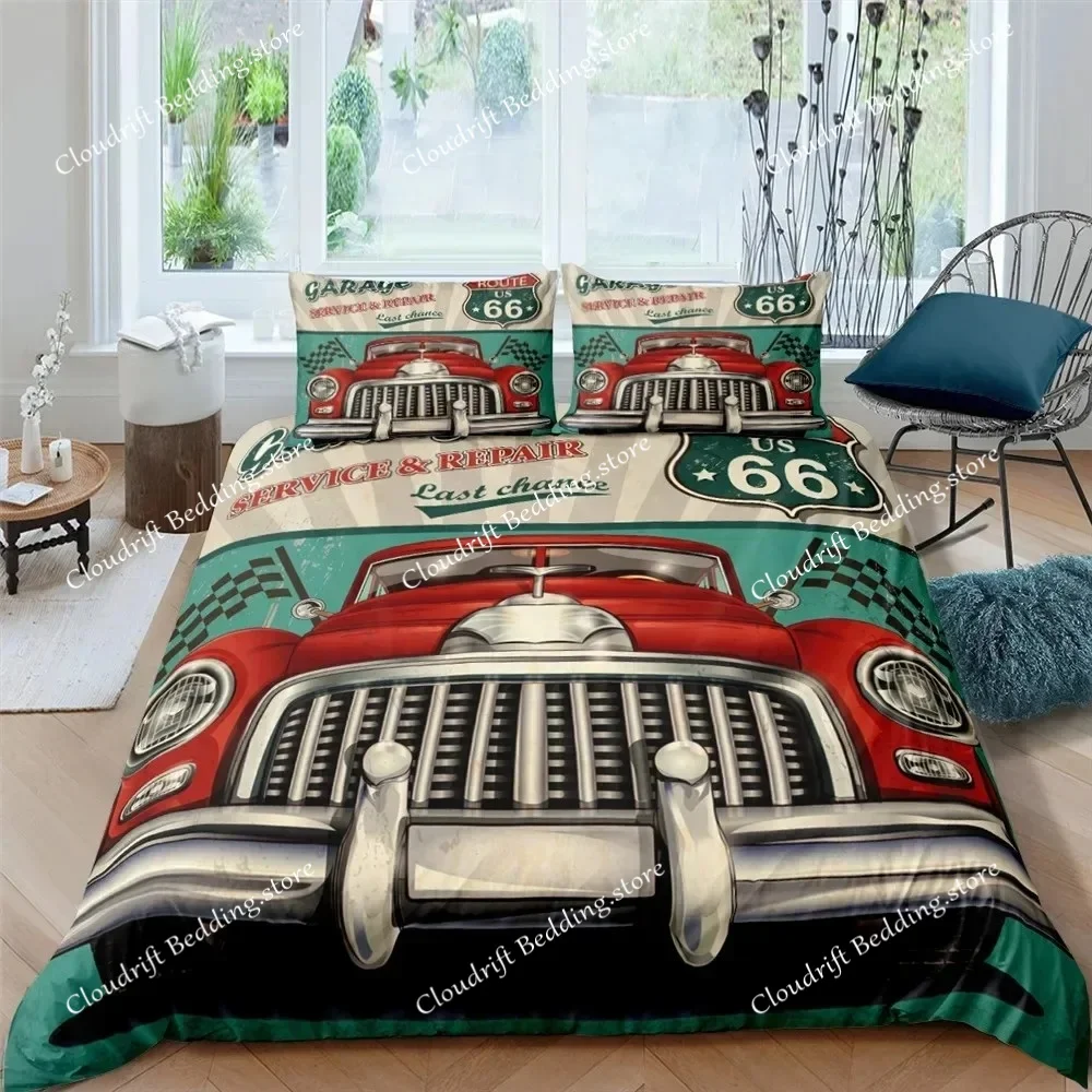 Fashion 3d Bedding Set U.S. Route 66 Quilt Cover Motorcycle Duvet Cover Set For Kids Teens Luxury Home Textile