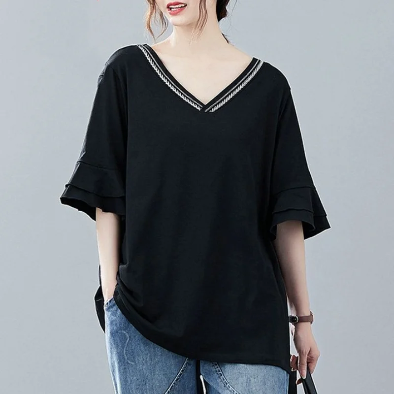 Embroidery Loose Black Casual Tops Summer New Short Sleeve V Neck All-match Solid Color T Shirts Fashion Vintage Women Clothing