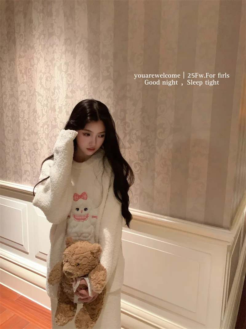 

Soft Rabbit f-Fce Pajamas Women's Long Sve round Ne Home Clothes Two-Piece Set Cute Cartoon Sle Long Pants