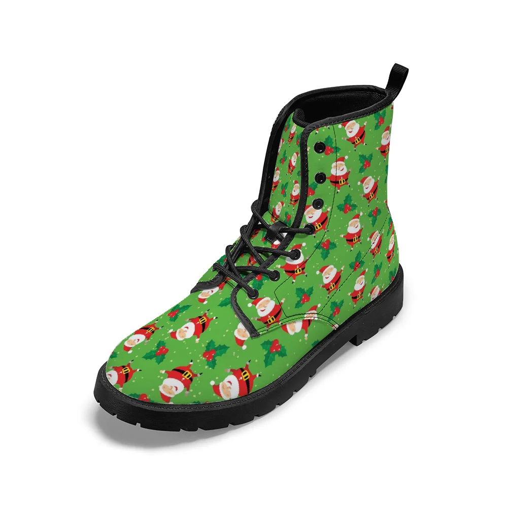 

Green Print Santa Claus mid-calf boots for men and women, perfect for autumn and winter.