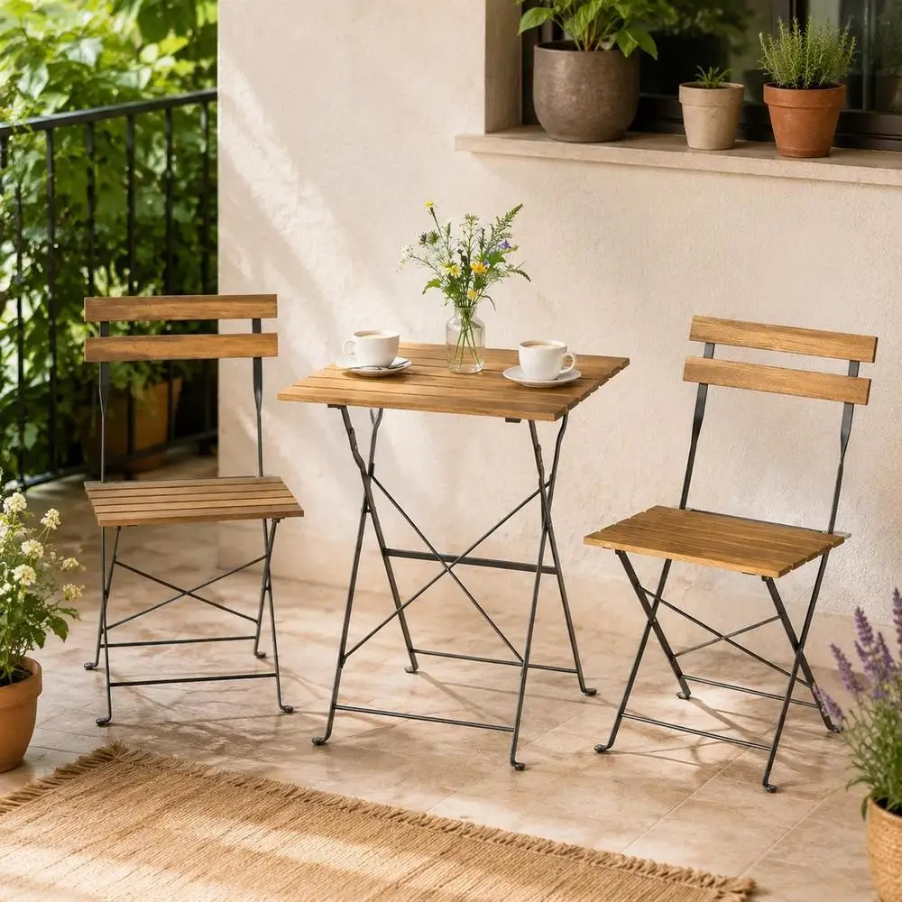Ensemble de salon de jardin bistrot 3 pièces, 2 chaises pliantes, table carrée en bois d'acacia, 55x55x71cm, naturel