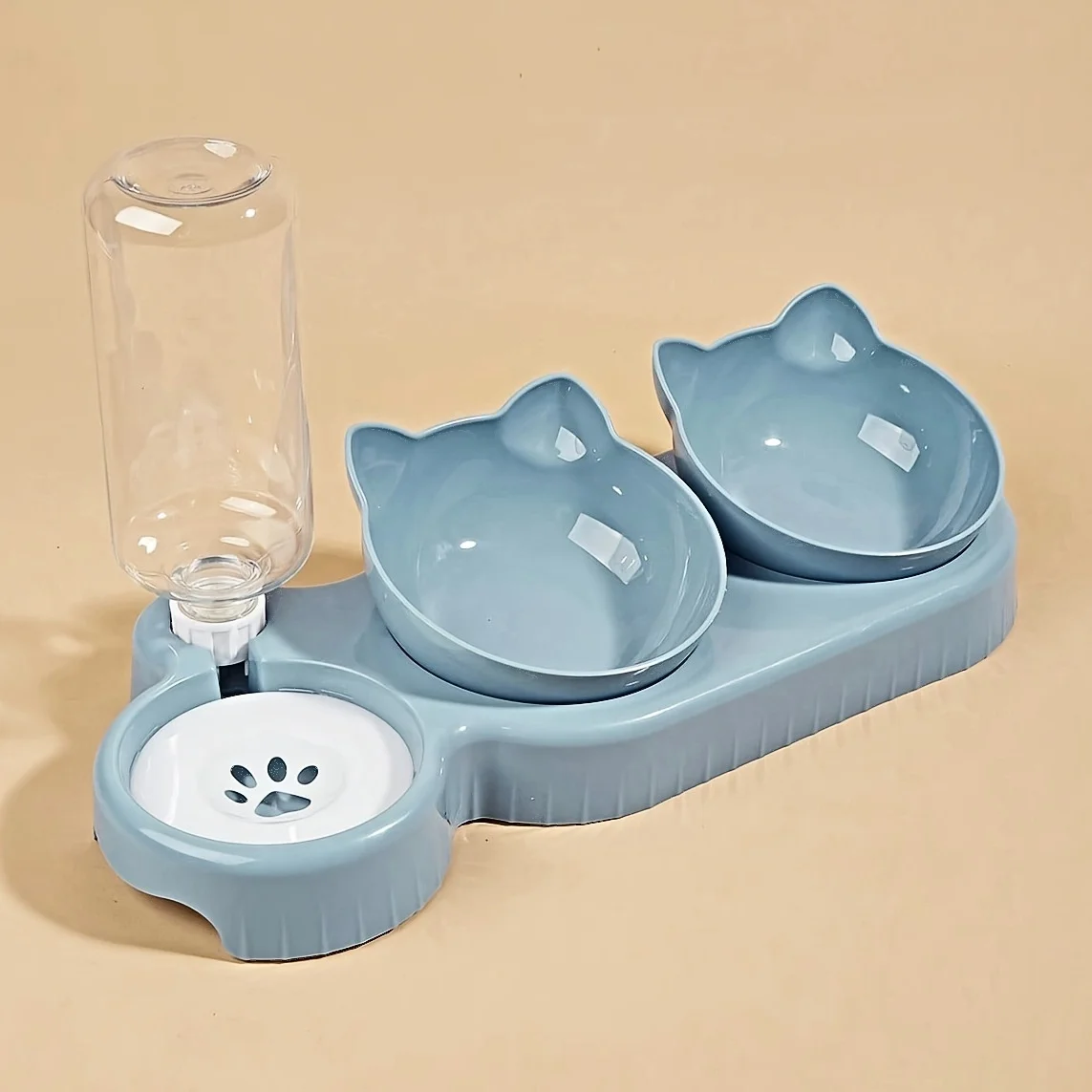 NONE Haustiersc halen mit Wasserzufuhr, 3-in-1-Ohr-Design, gekipptes Katzen wasser und Futtern apf mit Schwerkraft wasser flasche zum Nackenschutz 3