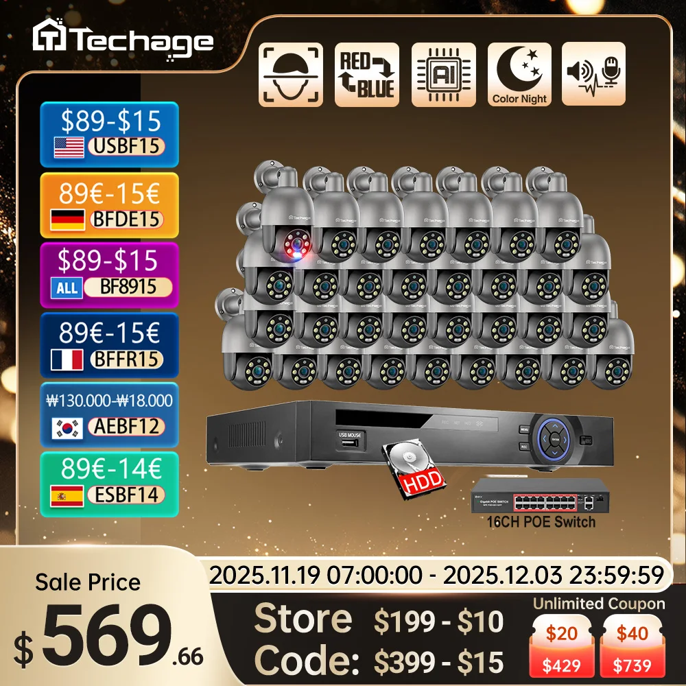 

Techage 36CH 4K 5MP 8MP POE PTZ Camera System Smart Ai Human Detected Two-way Audio Color Night H.26S Security Surveillance Kits