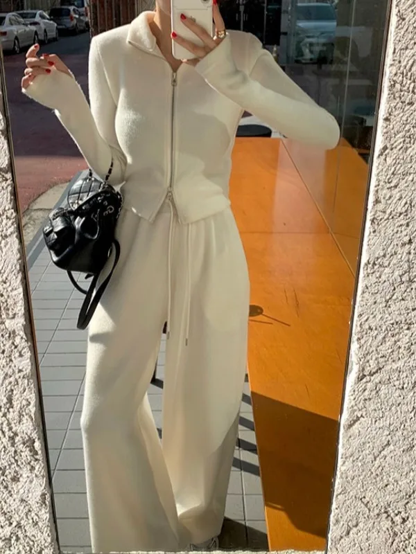 

Slim Fit Long Sve Knitted Set Casual Zipper Collar ort Top Straight Leg Pants Women's Faion Ensemble Simple Color