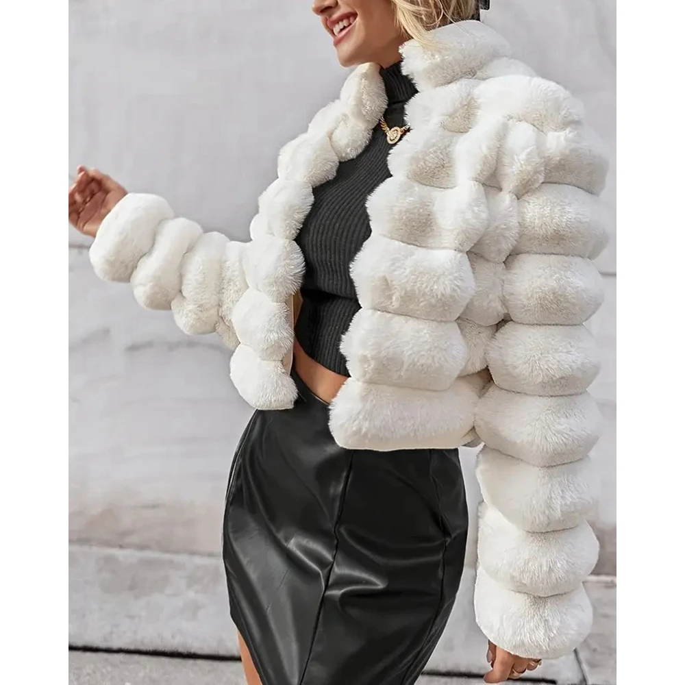 

Winter Elegant Imitation Fur Jackets for Women Fashion Luxury Stand Neck Open Front Coats Outwear Korean Style