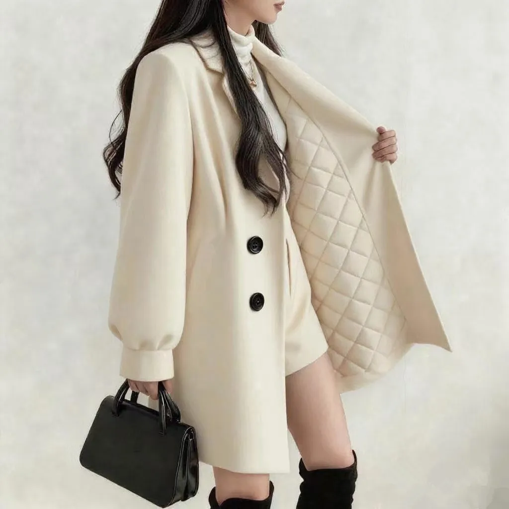 Autumn Winter Korean Lantern Sleeve Notch Lapel Quilted Wool Coat Women's Petite