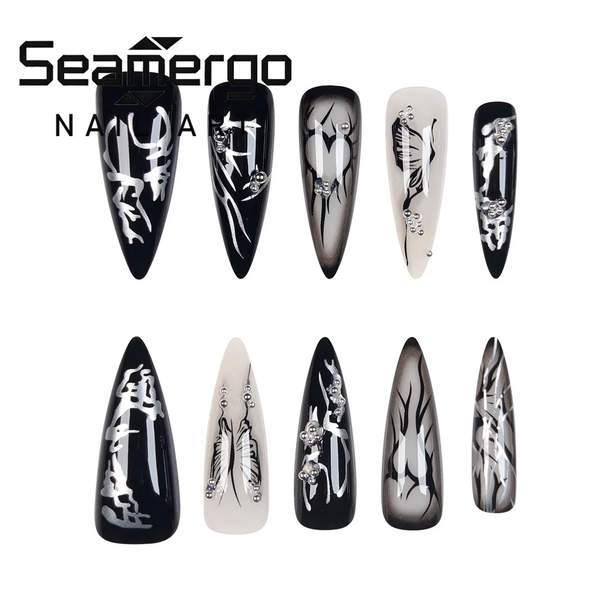 

24PCS Gothic Black Love Butterfly Press on Nails Stiletto Fake Nails Dark European American Metallic Edgy Spicy Cool False Nails