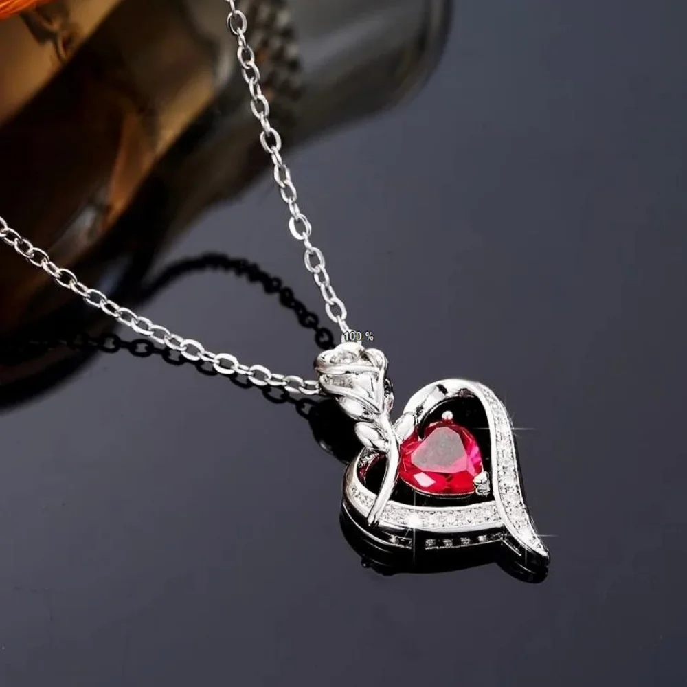 Classic fashion Luxury Red Zircon Heart Necklace With Rose Flower Gift Box For Girlfriend Birthday Valentine Gifts