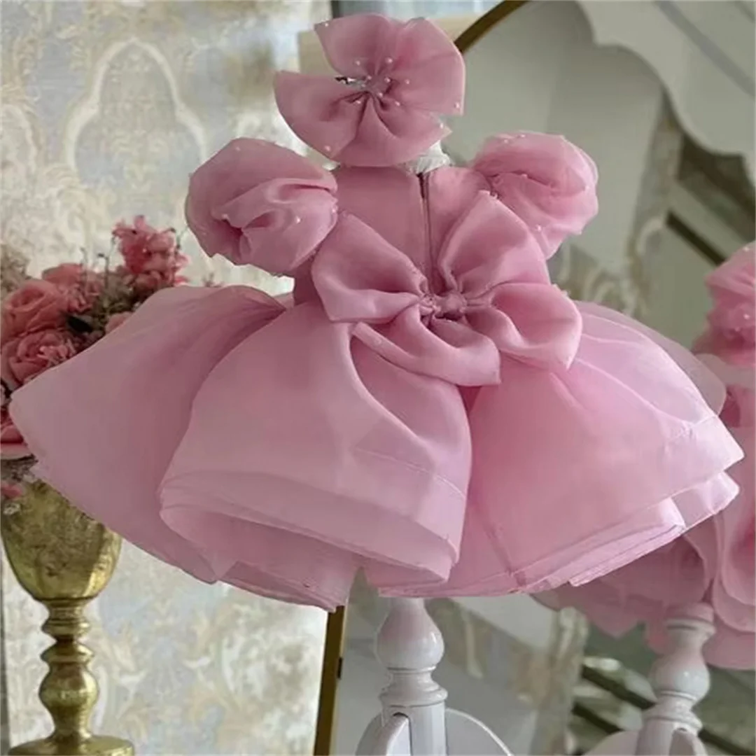 Customized New Girls Pink Princess Ball Gown Children Beading Bow Design Birthday Party Evening Performance Dresses